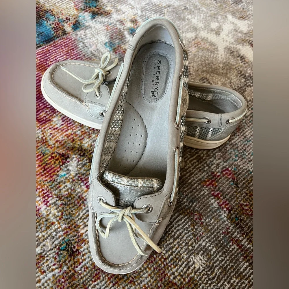 Sperry Women's 7.5 Angelfish Breton Stripe Mesh Slip-On Boat Shoe charcoal white - Picture 8 of 11